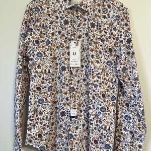 NEW W/ TAGS Denim & Flower Men Premium Dobby Button Up Blue/orange Floral Small